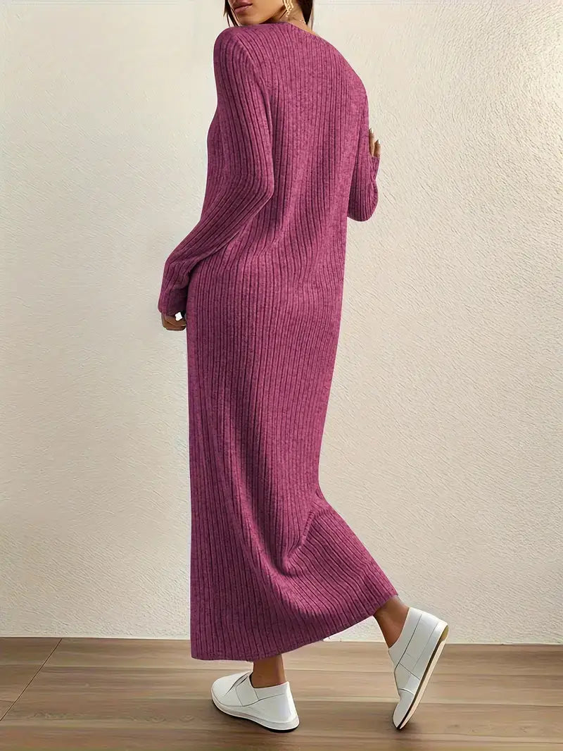 Casual Ankle-Length Dress β Ribbed, Crew Neck, Perfect for Cooler Seasons