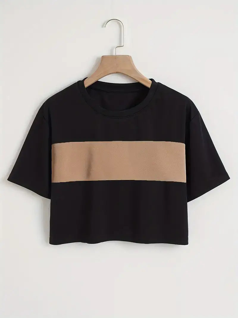 Black Crew Neck Crop Tee β Casual, Short Sleeve, Spring & Summer