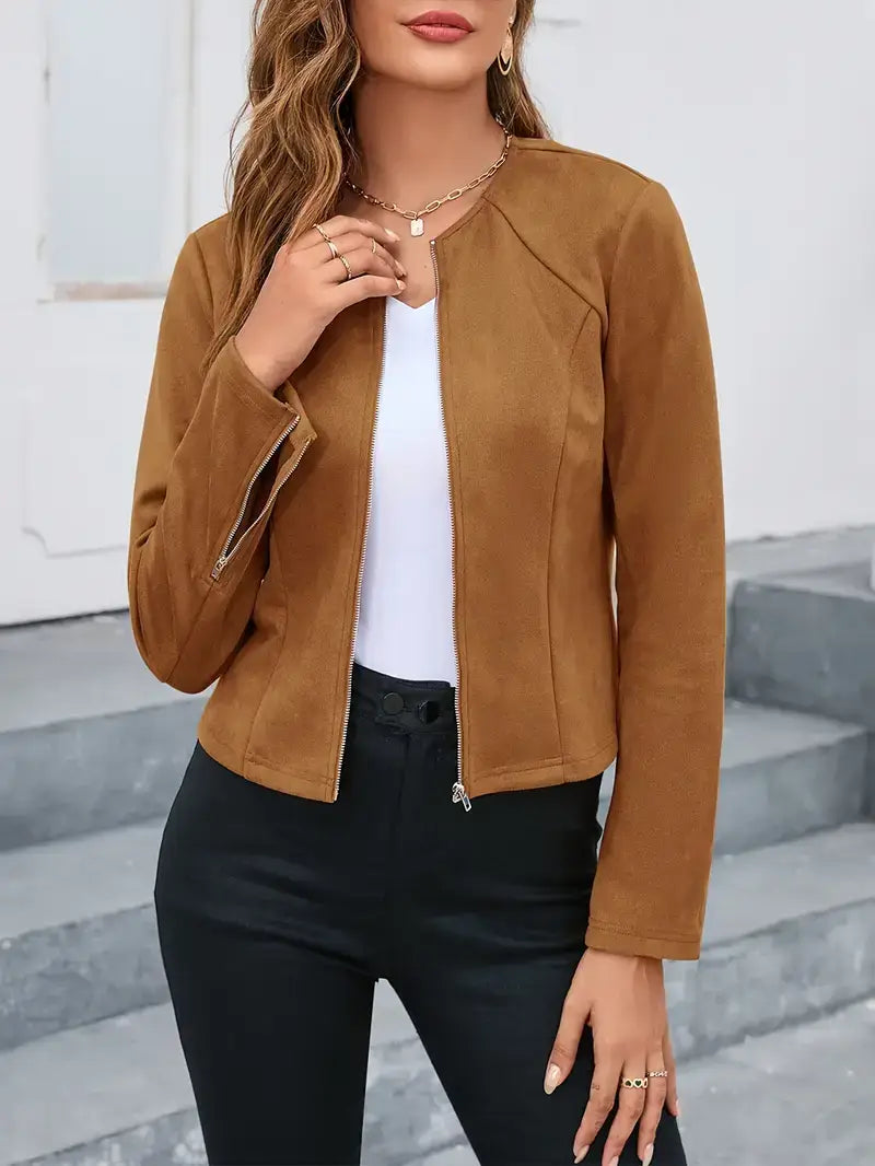 Casual Zip-Up Jacket β Solid Color, Round Neck, Stretchy & Cozy