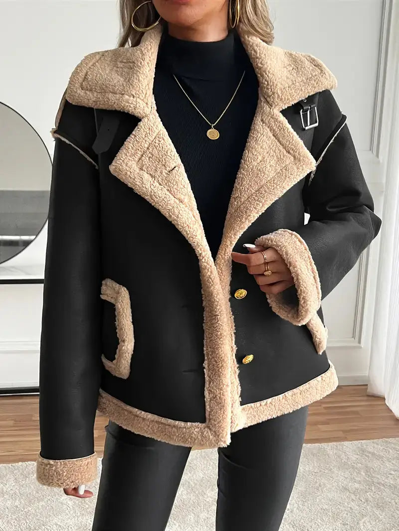 Faux Leather Biker Jacket β Fur Detail, Pockets, Solid Color