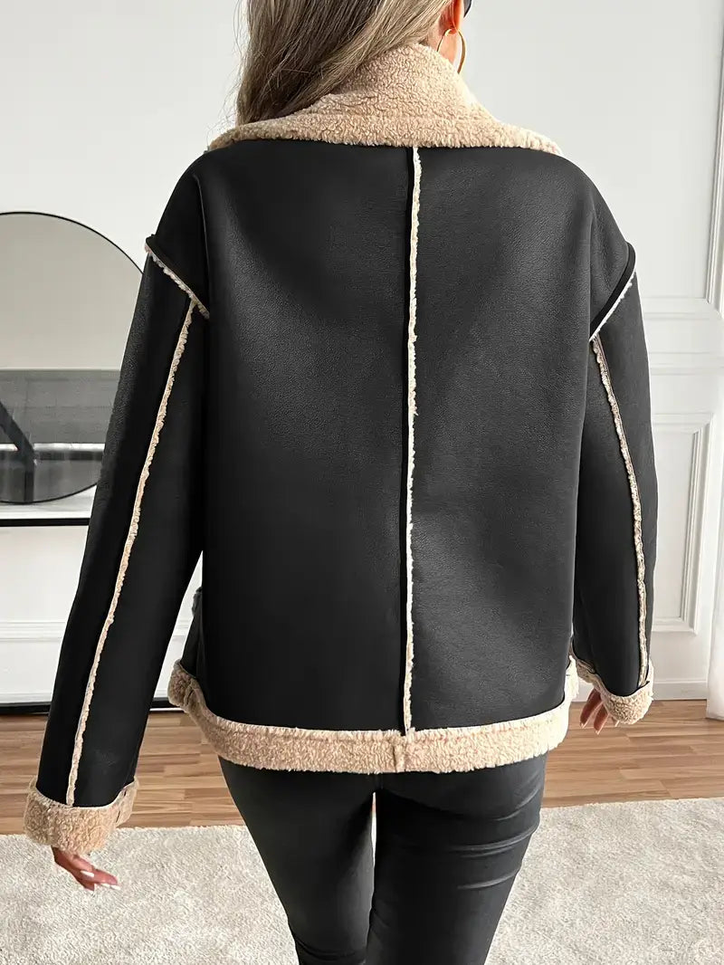 Faux Leather Biker Jacket β Fur Detail, Pockets, Solid Color