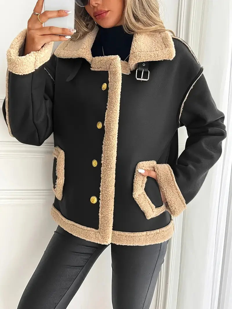 Faux Leather Biker Jacket β Fur Detail, Pockets, Solid Color