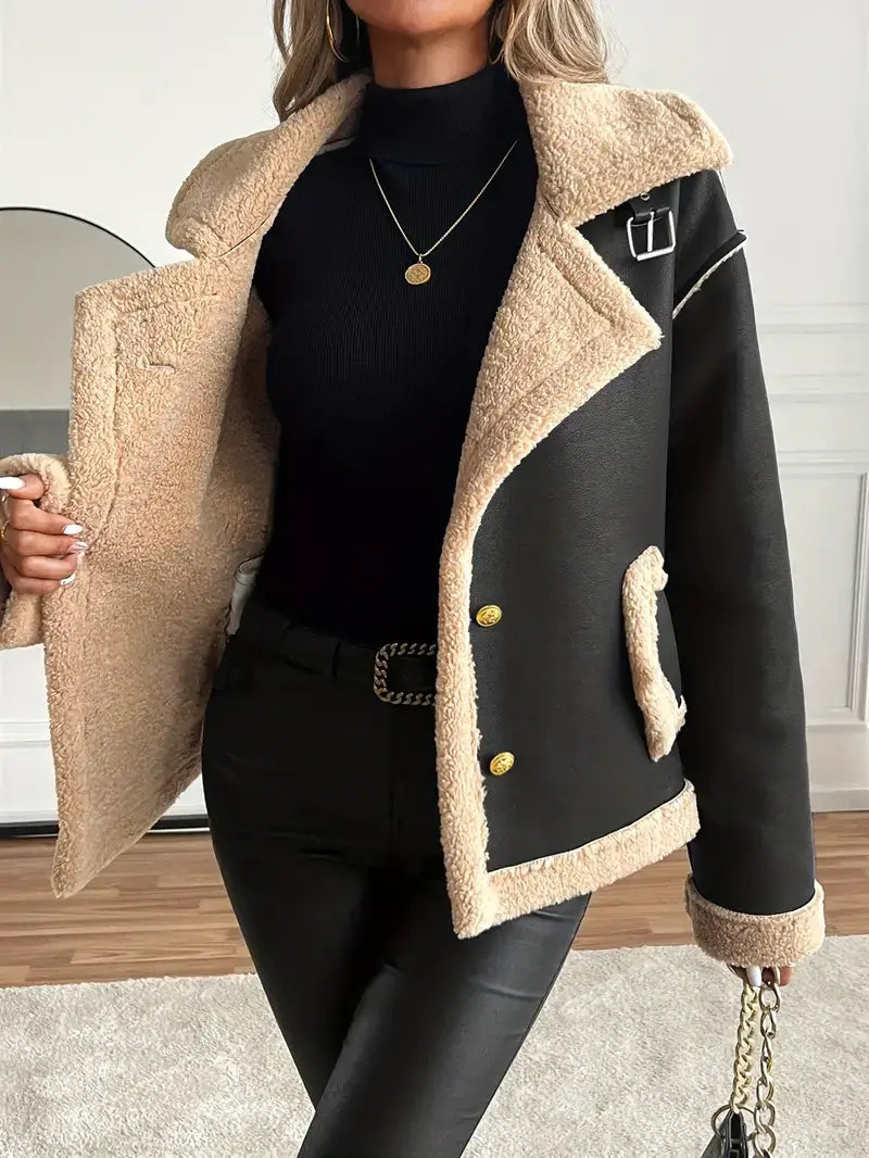 Faux Leather Biker Jacket β Fur Detail, Pockets, Solid Color
