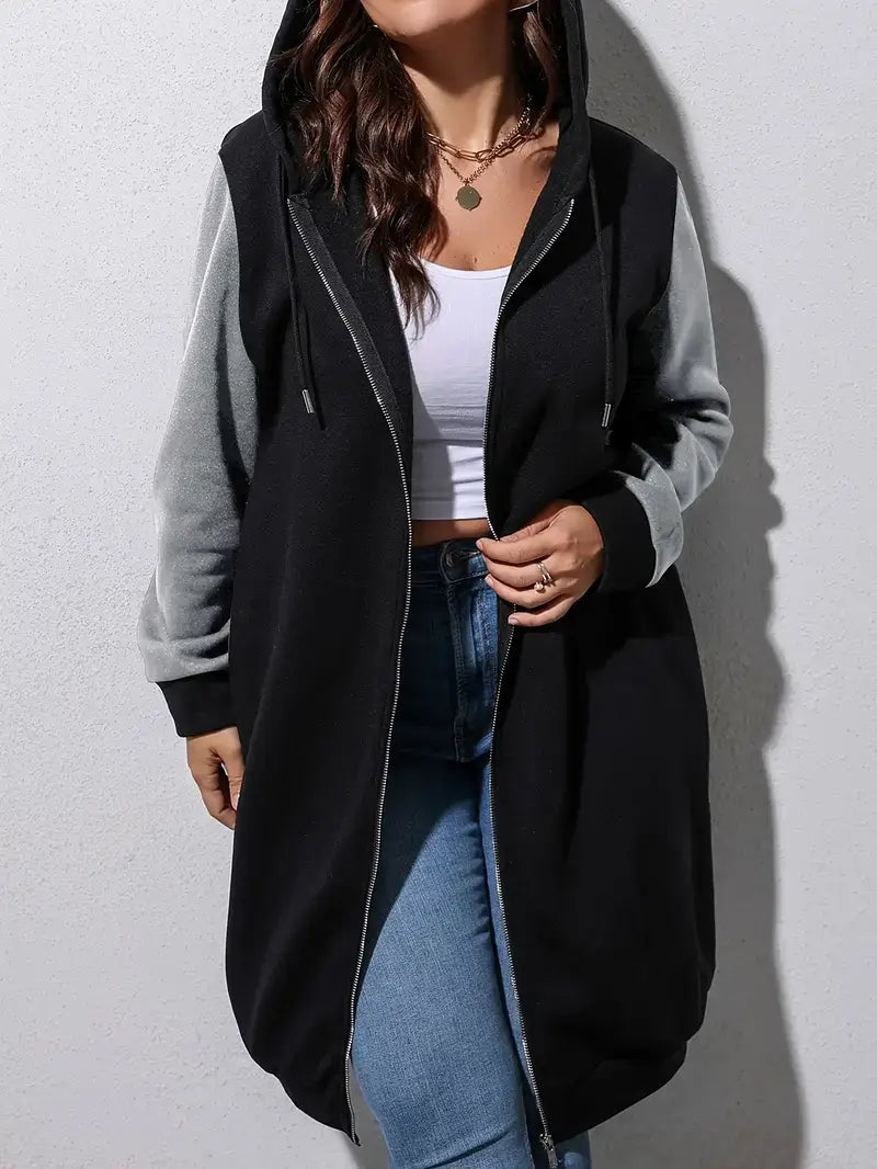 Color-Block Zip-Up Coat β Mid-Length, Hooded, Fall/Winter