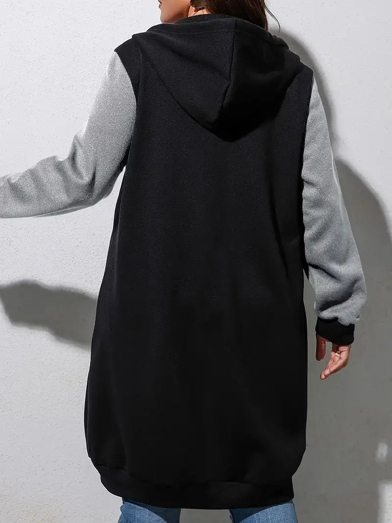 Color-Block Zip-Up Coat β Mid-Length, Hooded, Fall/Winter