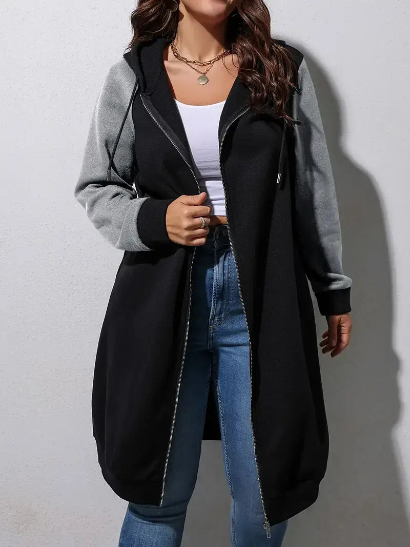 Color-Block Zip-Up Coat β Mid-Length, Hooded, Fall/Winter