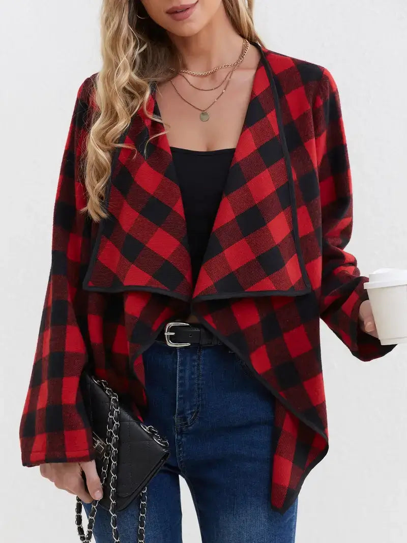 Plaid Open-Front Jacket β Casual, Lapel Collar, Spring & Fall