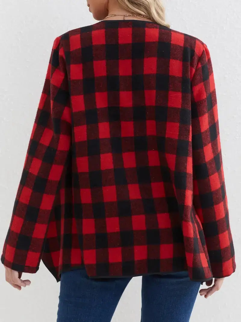 Plaid Open-Front Jacket β Casual, Lapel Collar, Spring & Fall