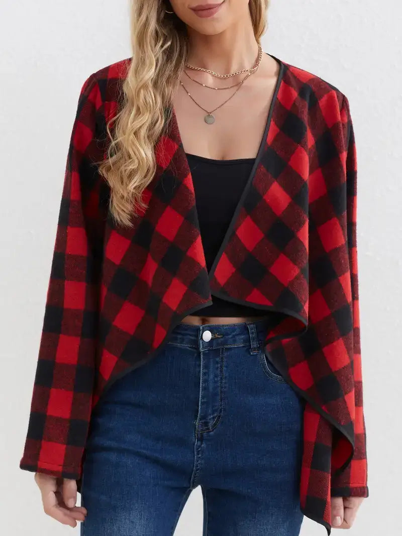 Plaid Open-Front Jacket β Casual, Lapel Collar, Spring & Fall