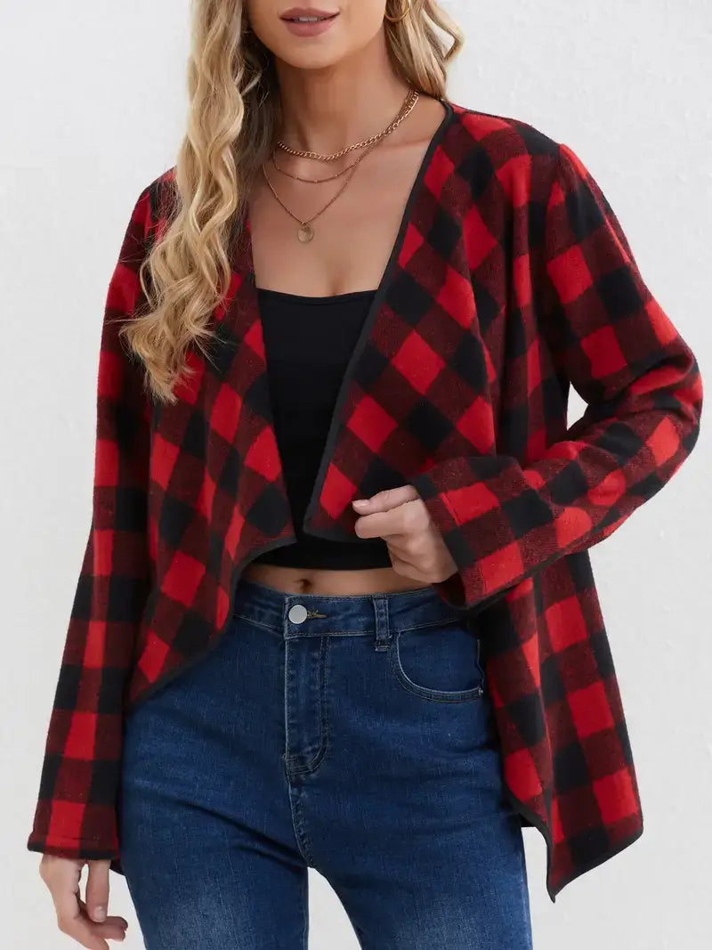 Plaid Open-Front Jacket β Casual, Lapel Collar, Spring & Fall