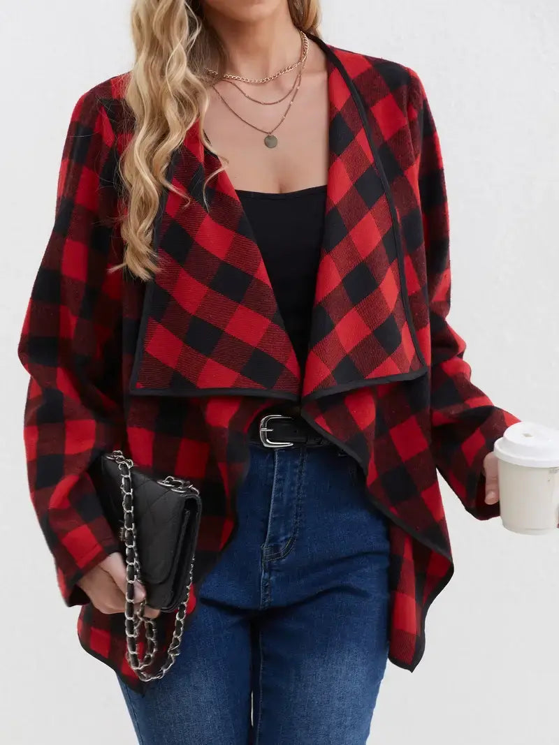 Plaid Open-Front Jacket β Casual, Lapel Collar, Spring & Fall