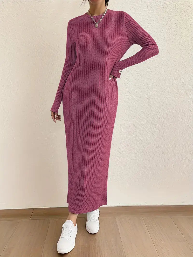 Casual Ankle-Length Dress β Ribbed, Crew Neck, Perfect for Cooler Seasons