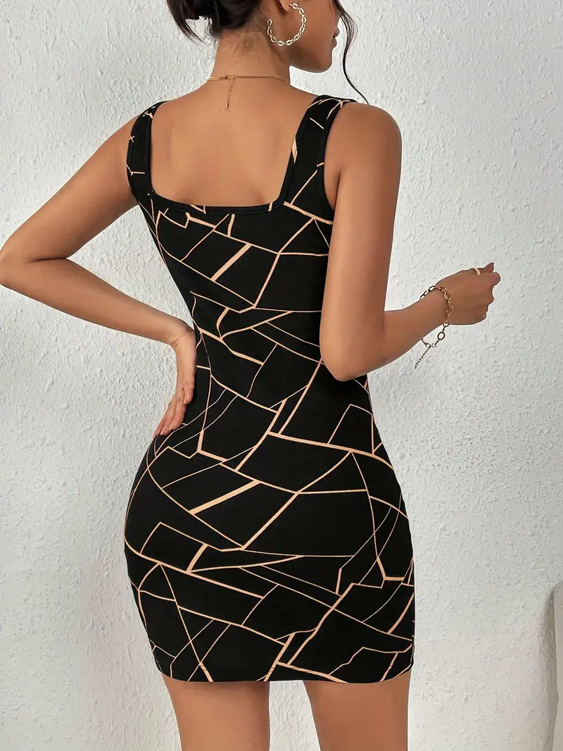 Geo Print Square Neck Mini Dress β Sleeveless & Stylish
