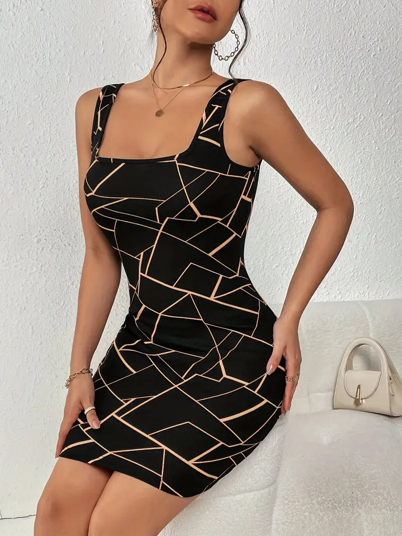 Geo Print Square Neck Mini Dress β Sleeveless & Stylish
