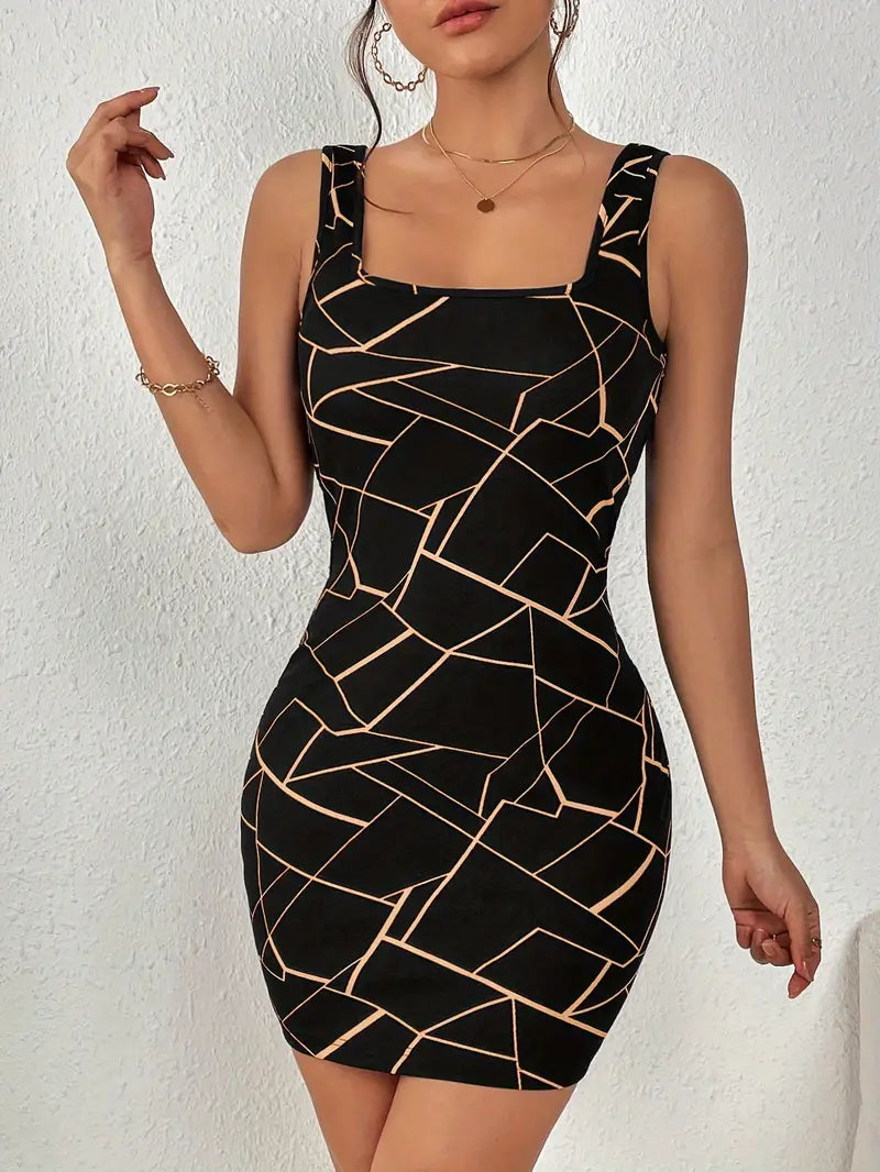 Geo Print Square Neck Mini Dress β Sleeveless & Stylish