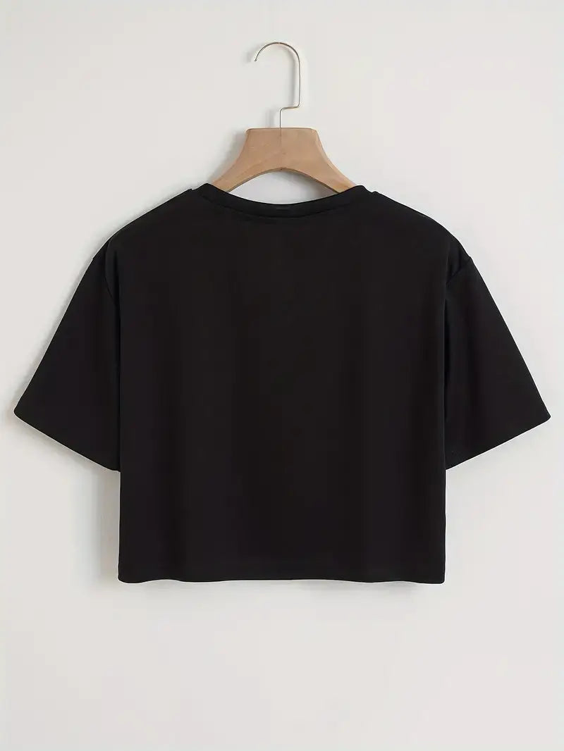 Black Crew Neck Crop Tee β Casual, Short Sleeve, Spring & Summer