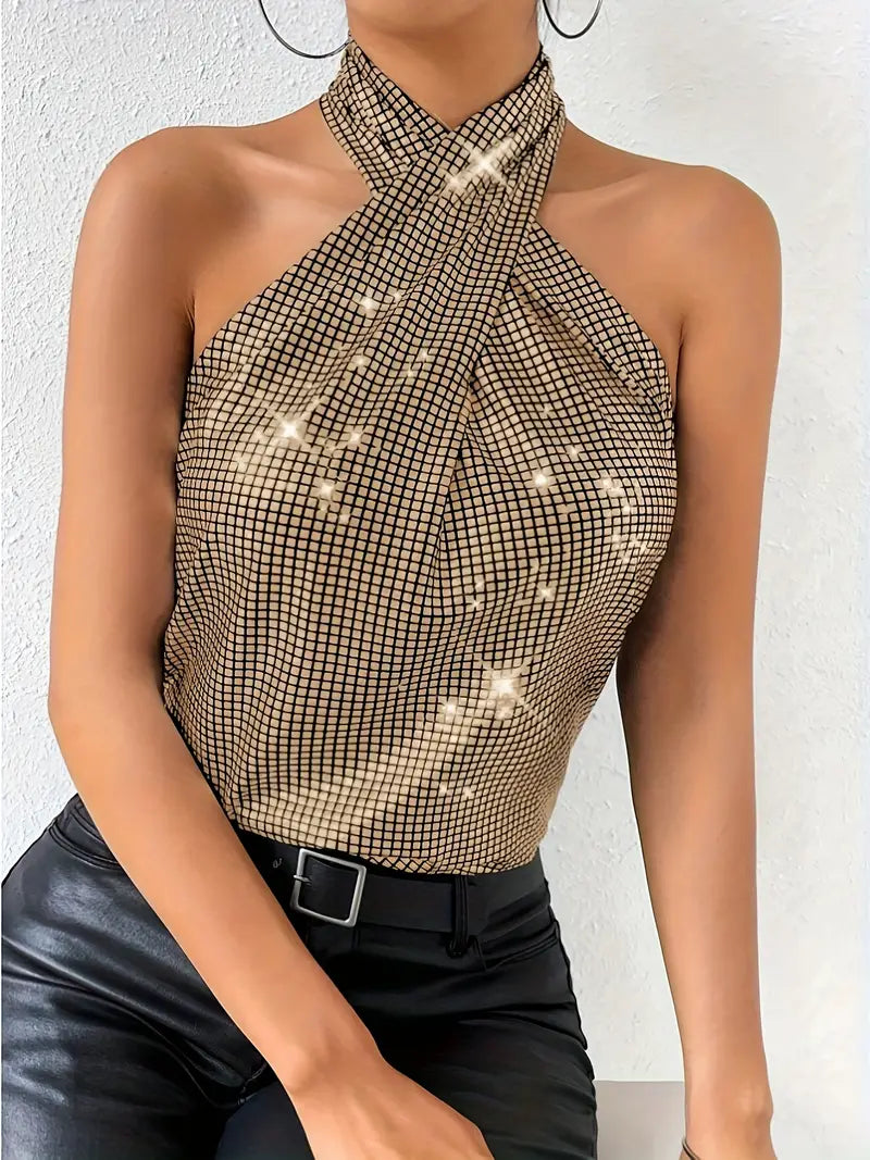 Sequin Cross Halter Tank β Stylish Sleeveless Top