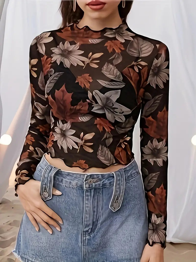 Women's Casual Long-Sleeve Crop Top with Floral and Leaf Print