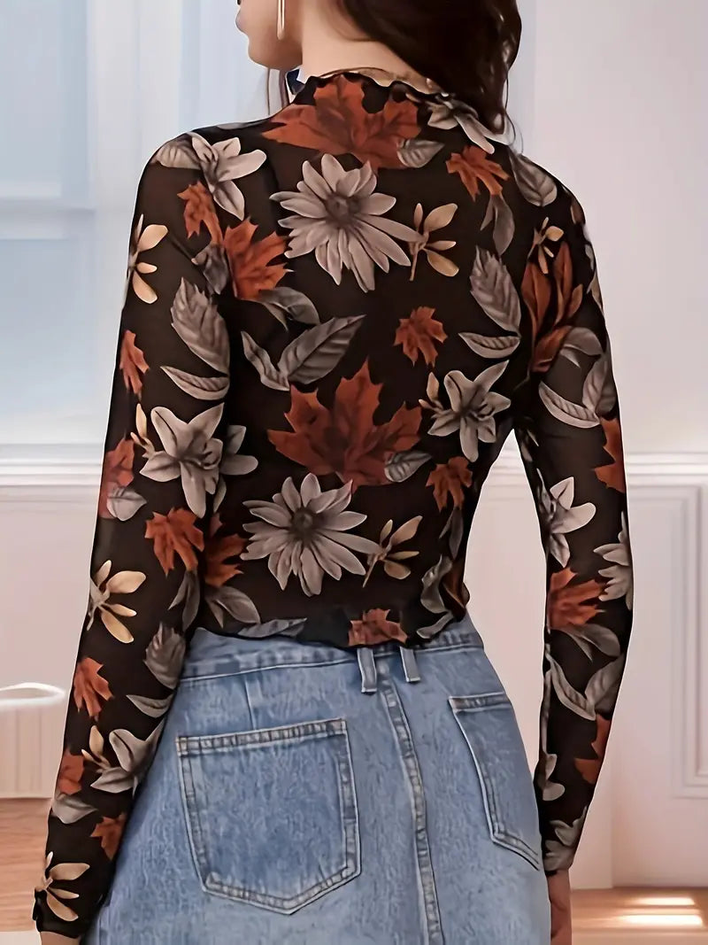 Women's Casual Long-Sleeve Crop Top with Floral and Leaf Print