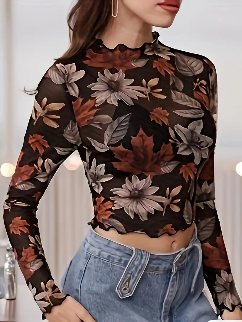 Women's Casual Long-Sleeve Crop Top with Floral and Leaf Print