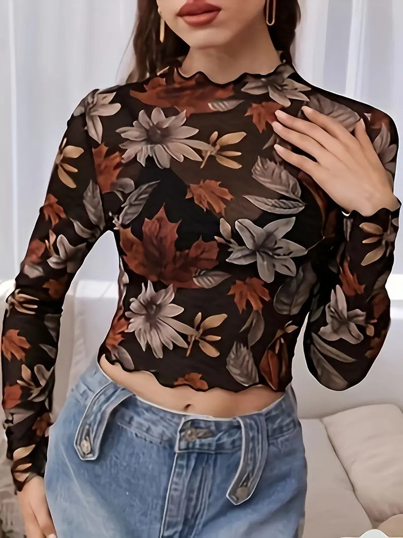 Women's Casual Long-Sleeve Crop Top with Floral and Leaf Print