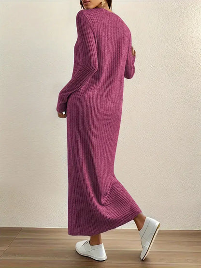 Casual Ankle-Length Dress – Ribbed, Crew Neck, Perfect for Cooler Seasons