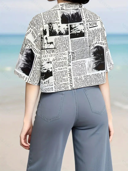 Stylish V-neck Blouse with Newspaper Print, Machine Washable, Short Sleeve, Polyester, Ideal for Spring, Summer, or Fall