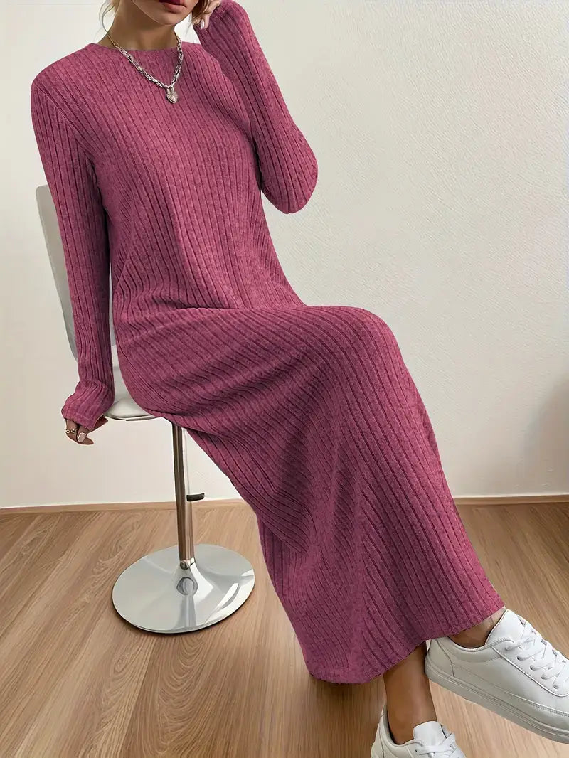 Casual Ankle-Length Dress – Ribbed, Crew Neck, Perfect for Cooler Seasons