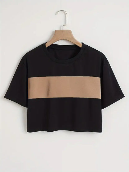 Black Crew Neck Crop Tee – Casual, Short Sleeve, Spring & Summer
