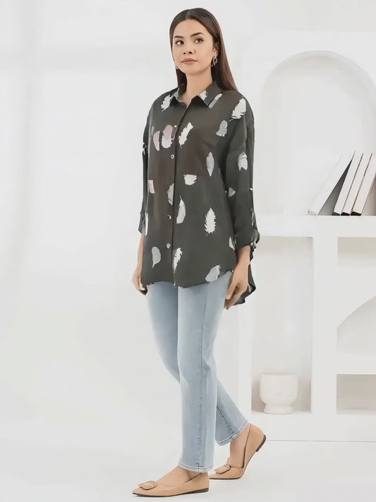 Feather Print Long Sleeve Blouse – Patched Pockets, Spring & Fall Wear