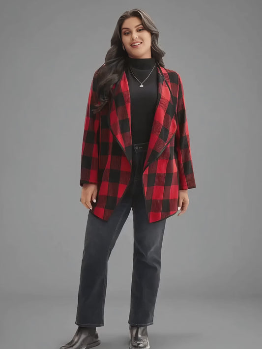 Plaid Open-Front Jacket – Casual, Lapel Collar, Spring & Fall