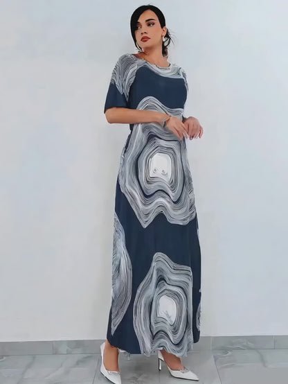 Casual Half-Sleeve Dress with Graphic Print Crew Neck