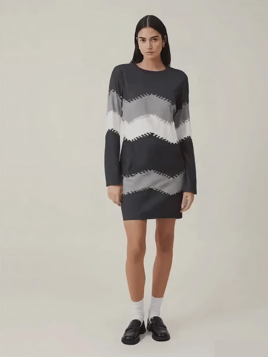 Stylish 3D Print Dress – Crew Neck, Long Sleeves, All-Season Comfort