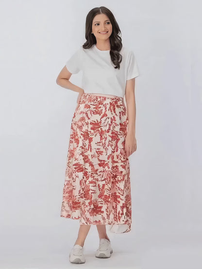Boho High-Waist Midi Skirt – Botanical Print, Flowy & All-Season