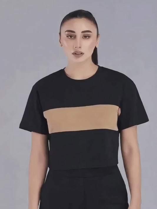Black Crew Neck Crop Tee – Casual, Short Sleeve, Spring & Summer