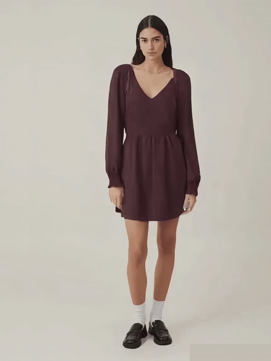 Solid V-Neck Long-Sleeve Mini Dress – Elegant & Easy Care