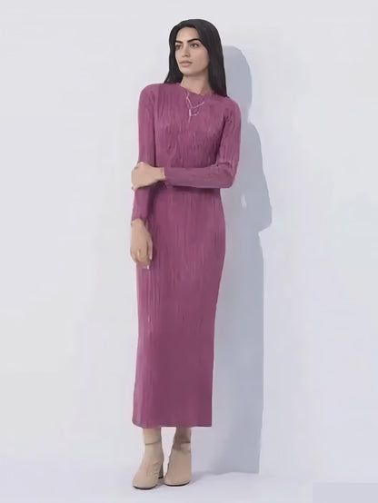 Casual Ankle-Length Dress – Ribbed, Crew Neck, Perfect for Cooler Seasons