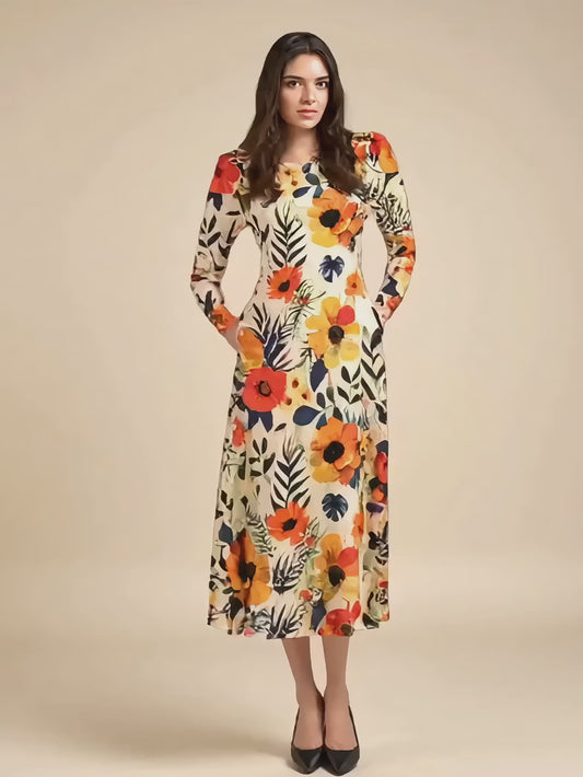 Floral Print A-Line Dress – Long Sleeves, Ruffle Hem, All-Season Wear