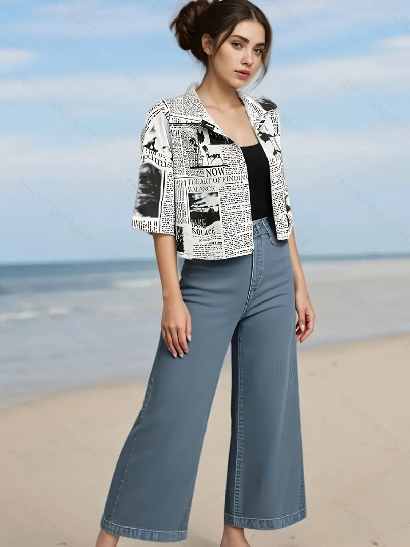 Stylish V-neck Blouse with Newspaper Print, Machine Washable, Short Sleeve, Polyester, Ideal for Spring, Summer, or Fall