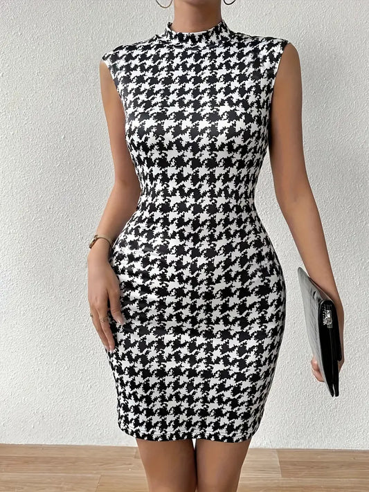 Sleeveless Dress with Houndstooth Pattern, Stylish Mock Neck Slim Tank Dress for Spring and Summer, Women's Clothes