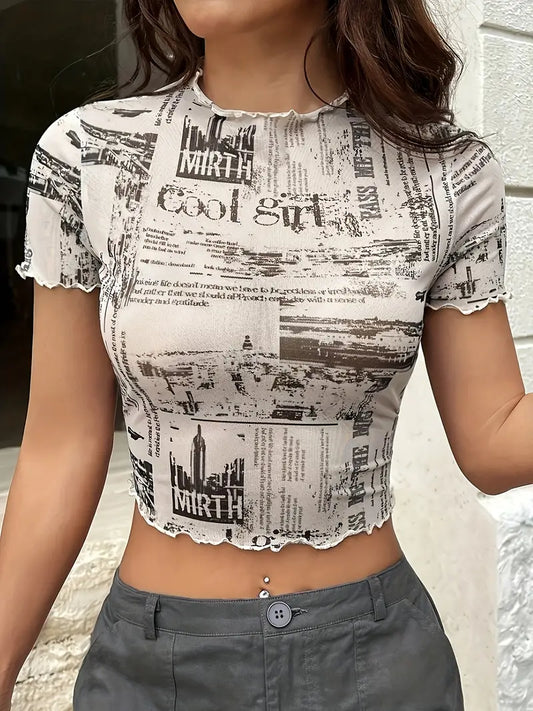 Casual Short-Sleeve T-Shirt with Allover Print for Spring and Summer, Women's Clothing