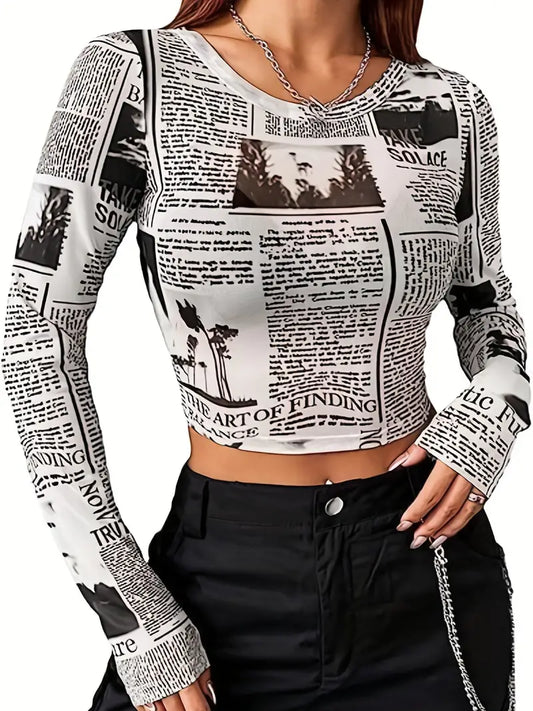 Letter Print Crew Neck T-Shirt, Casual Long Sleeve Top for Spring and Fall, Women's Clothing