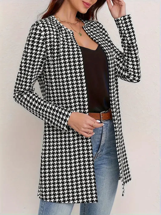 Adaptable Long-Sleeved Spring and Fall Outwear, Houndstooth Open Front Outwear, Women's Clothing