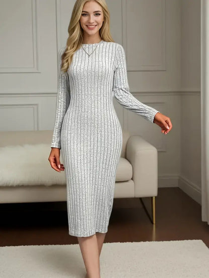 Women's Clothing, Long Sleeve Bodycon Ribbed Dress, Stylish Solid Color Crew Neck Slim Midi Dress for Fall and Winter