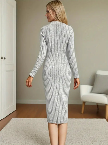 Women's Clothing, Long Sleeve Bodycon Ribbed Dress, Stylish Solid Color Crew Neck Slim Midi Dress for Fall and Winter