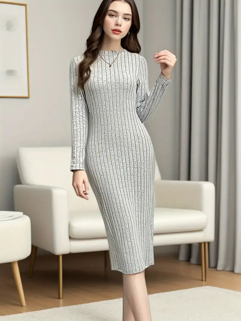 Women's Clothing, Long Sleeve Bodycon Ribbed Dress, Stylish Solid Color Crew Neck Slim Midi Dress for Fall and Winter