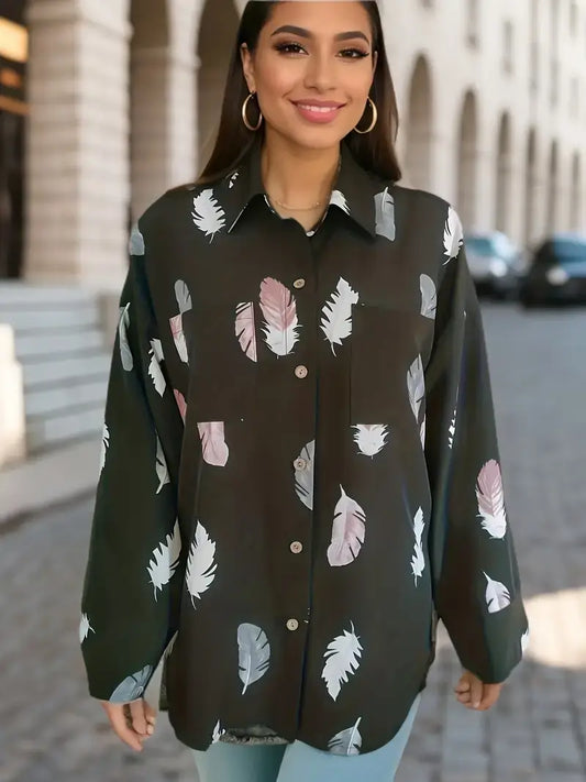 Multipurpose Long Sleeve Blouse with Feather Print and Patched Pockets for Spring and Fall, Women's Clothing