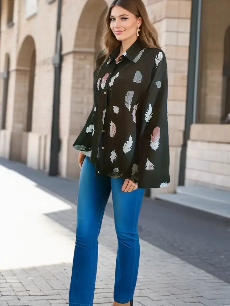 Multipurpose Long Sleeve Blouse with Feather Print and Patched Pockets for Spring and Fall, Women's Clothing