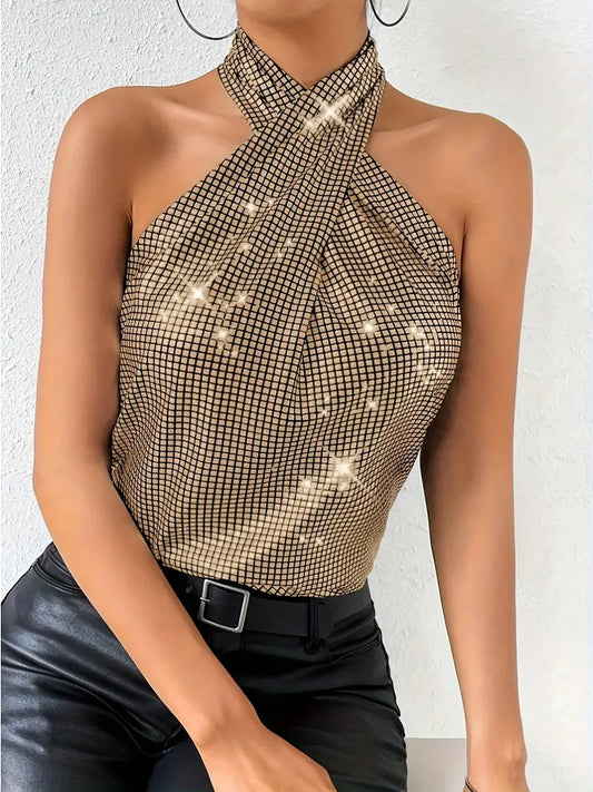 Sleeveless Top for Party & Club, Sequin Cross Halter Neck Tank Top, Women's Clothing