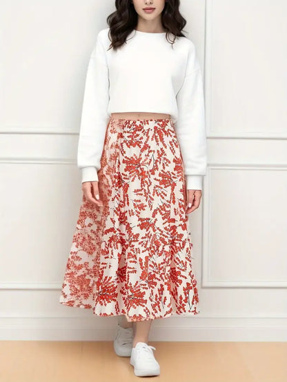 Boho High-Waist Midi Skirt – Botanical Print, Flowy & All-Season